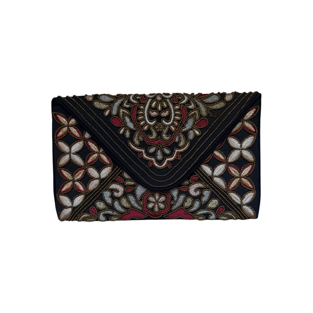 Francesca's Beaded Envelope Clutch Bag Boho Navy Multi